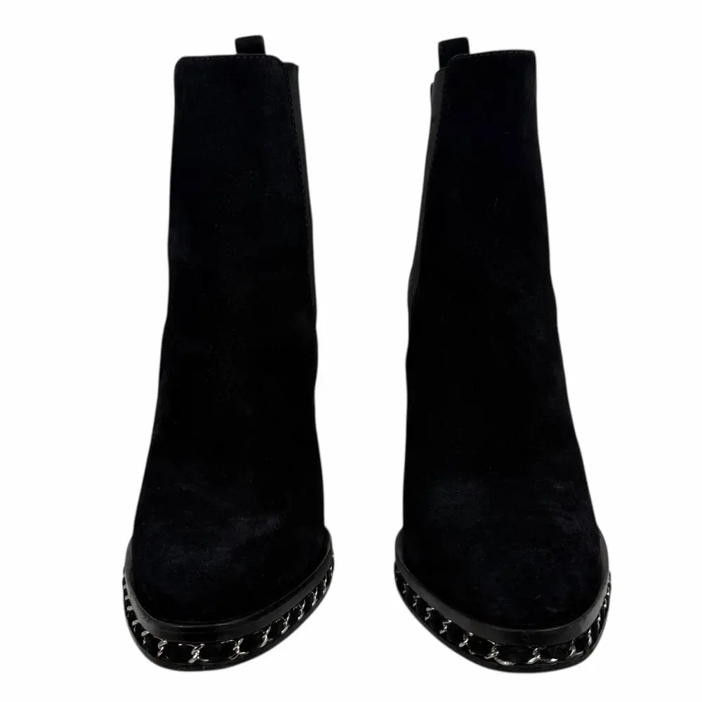 Chanel Interlocking CC Logo Heel Chain Suede Ankle Boots Black Size 40